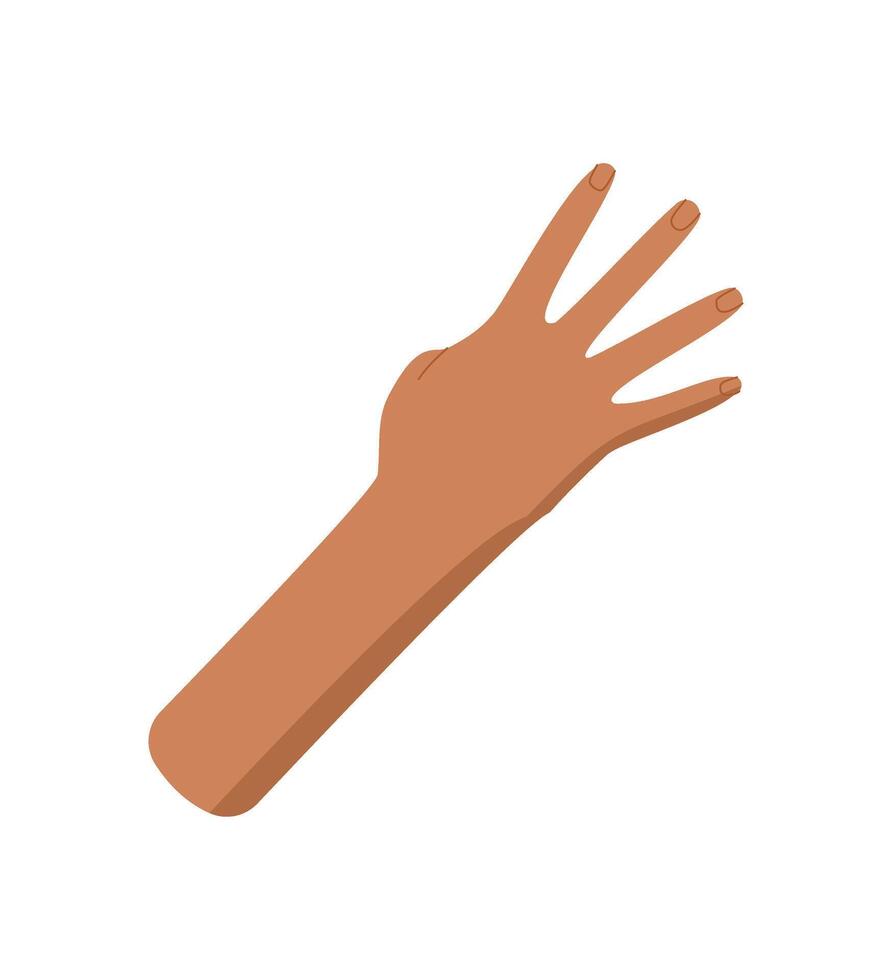 Cartoon hand showing number four. Palm with fingers expressing number 4 gesture. Flat style image of bare human hand for counting, math education or preschool visuals. vector