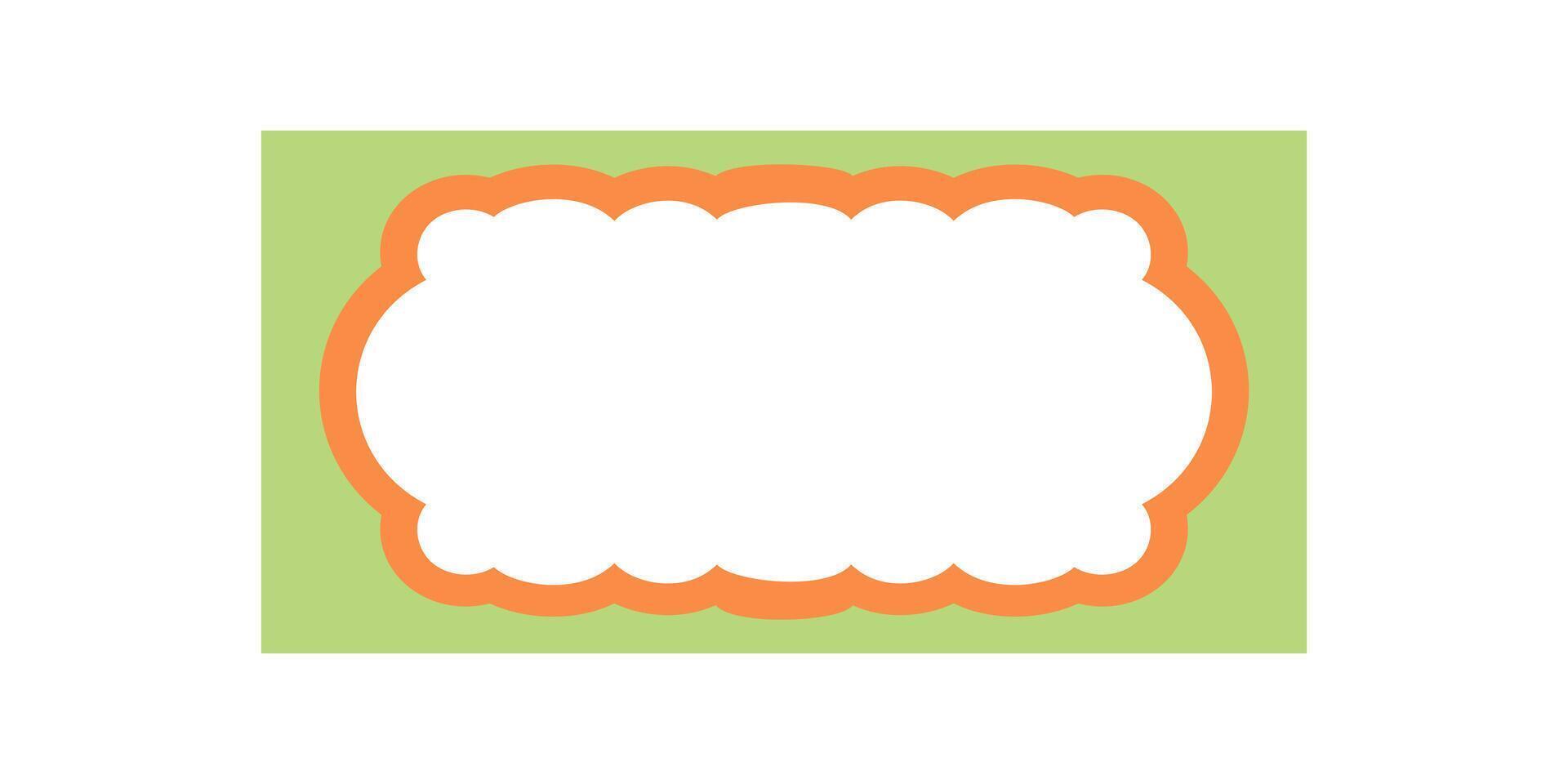Groovy retro scallop rectangle border frame in wavy orange and green style. Doodle label with a graphic background creates a funky y2k frame, perfect for playful vintage and modern design themes. vector