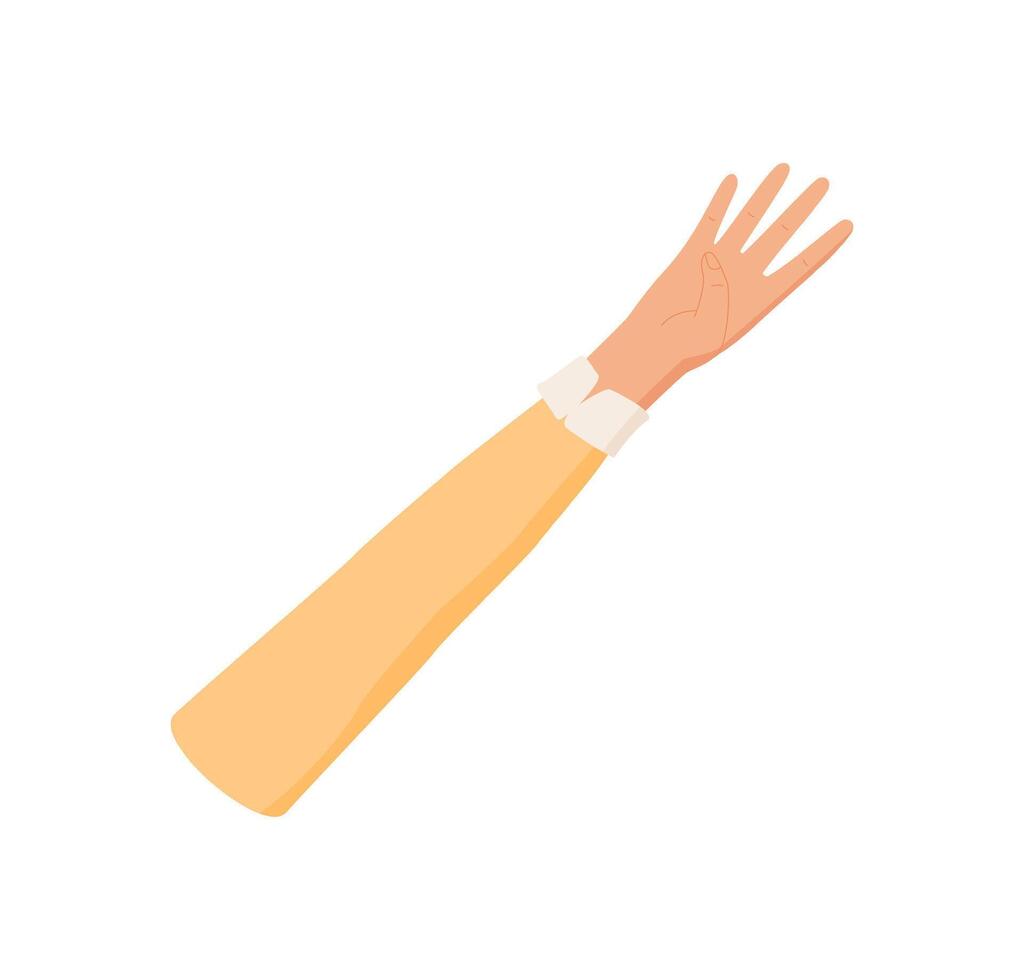 Flat style hand gesture showing number four. Clothed arm with raised palm and four fingers extended, isolated on white background. Expressive pose for count or math themes. vector