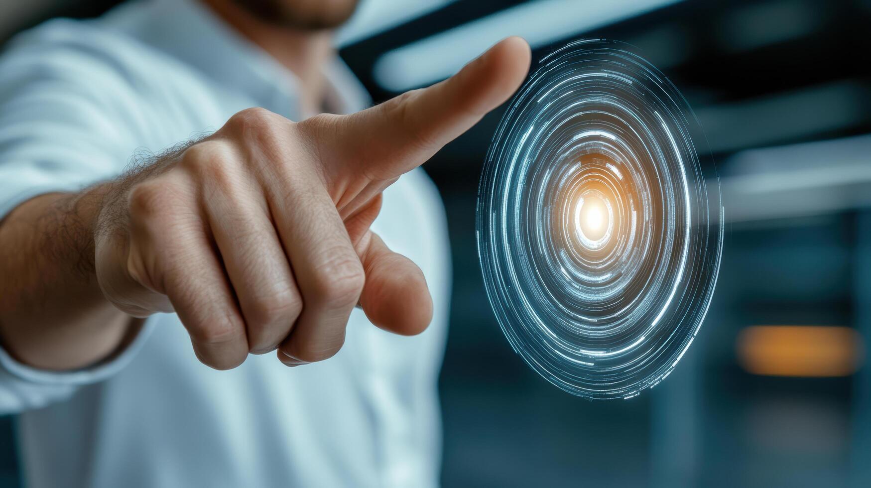 A man pointing at a digital interface with a circular object photo