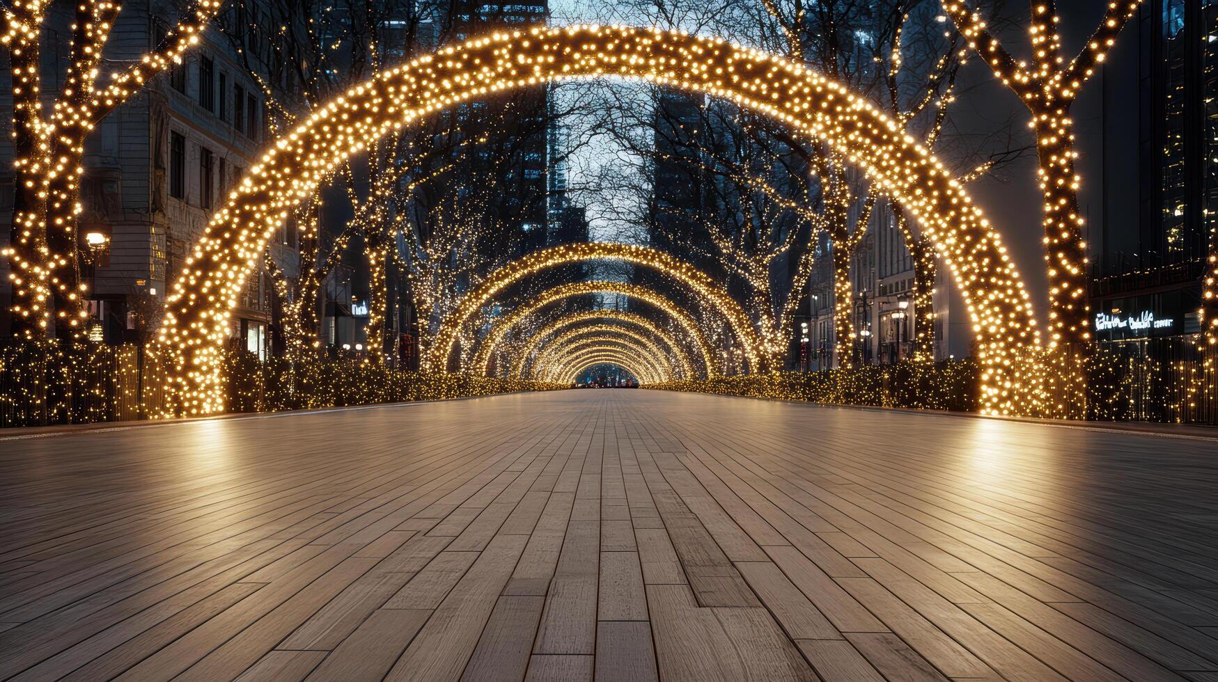 A walkway with a lighted archway in front of a building photo