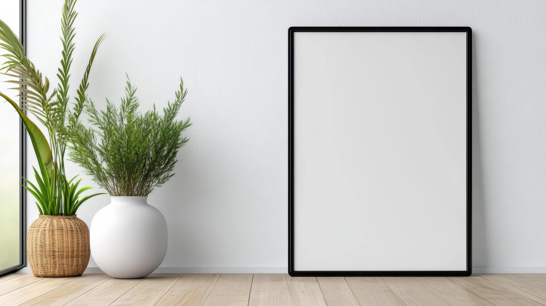 A blank white frame in front of a window photo