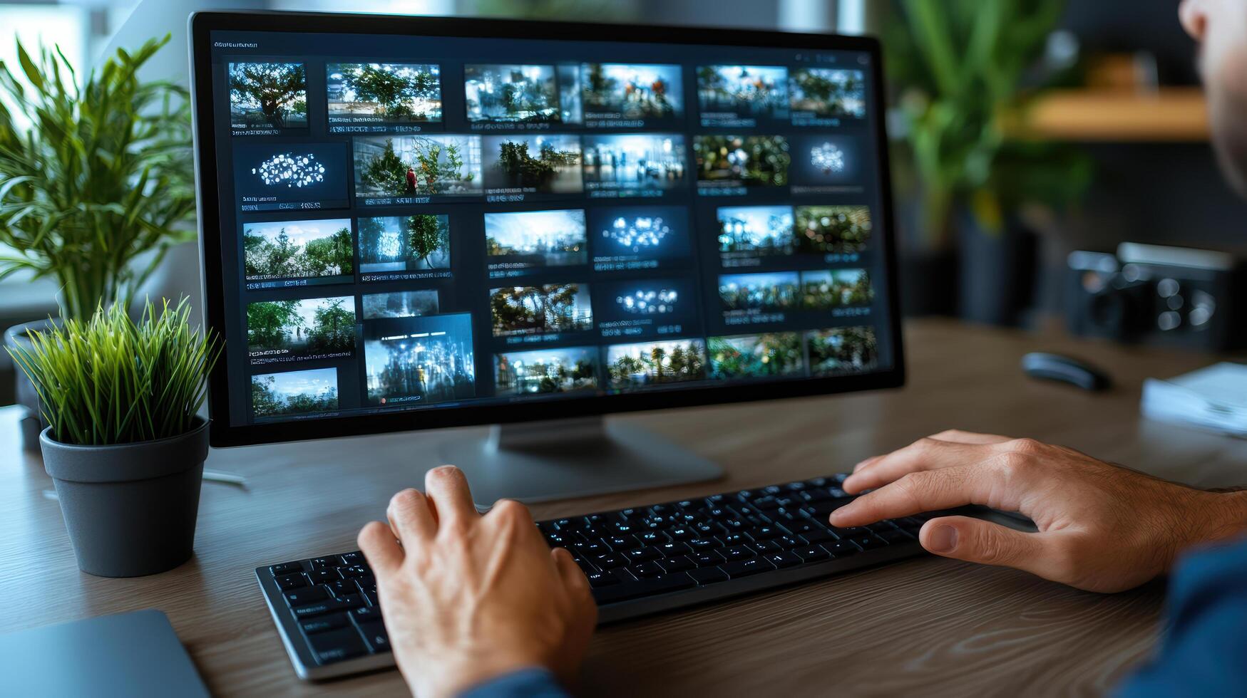 A man is typing on a computer screen with many pictures on it photo