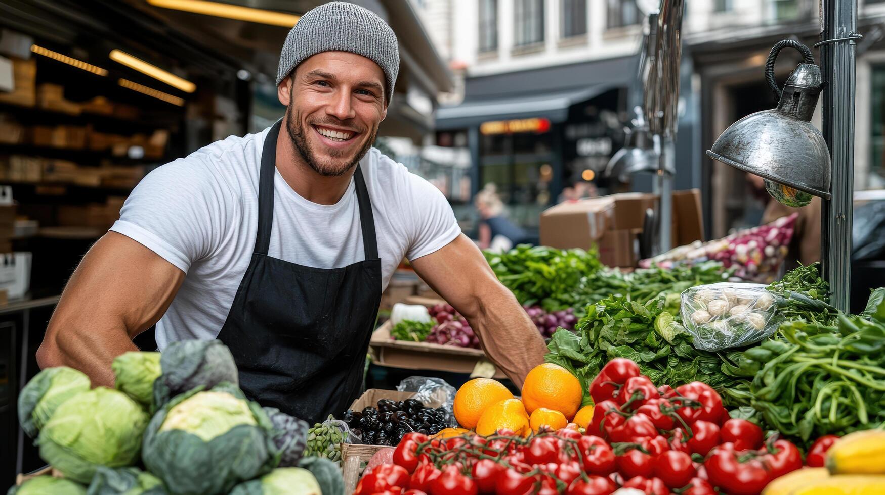 A smiling man is standing in front of a table with fresh vegetables photo
