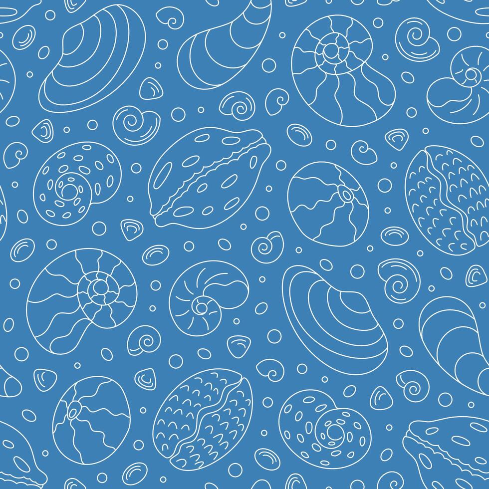 Seamless underwater seashell pattern with marine scallop, shell, and conch in an elegant outline style. Aquatic contour doodle evokes the ocean and marine life. A perfect background for summer, vector