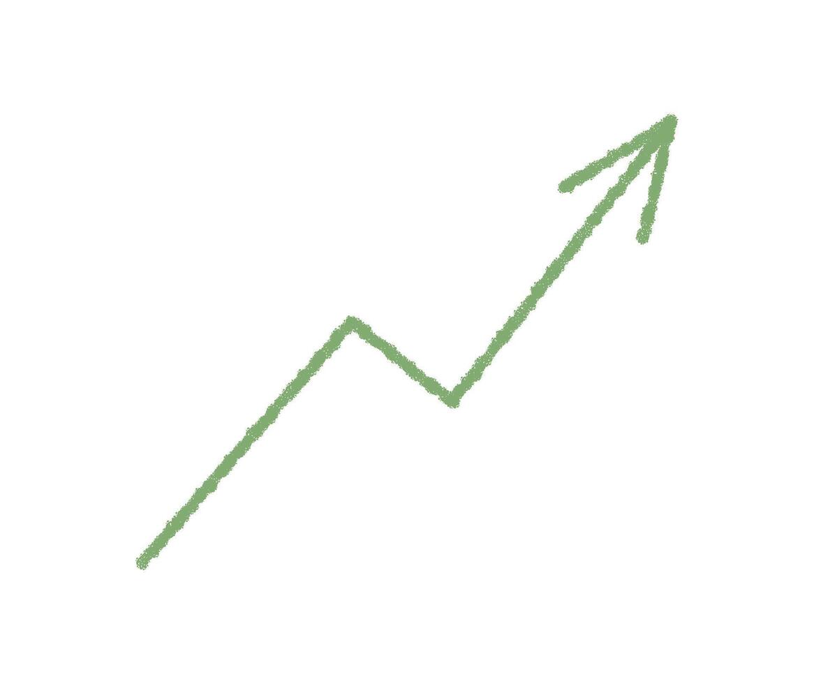 Green crayon chart arrow symbol with hand drawn style. Up arrow as finance icon and diagram element. Graph axis adds to a rough, textured look, suitable for business, education, or creative vector