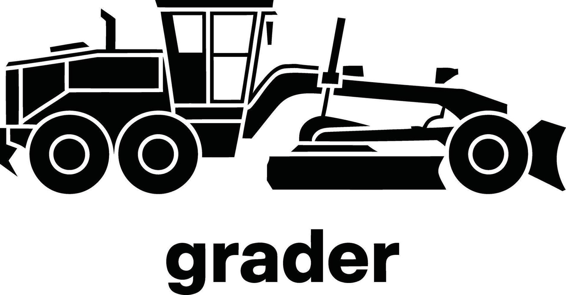 Black and white silhouette of a road grader with the word grader below vector