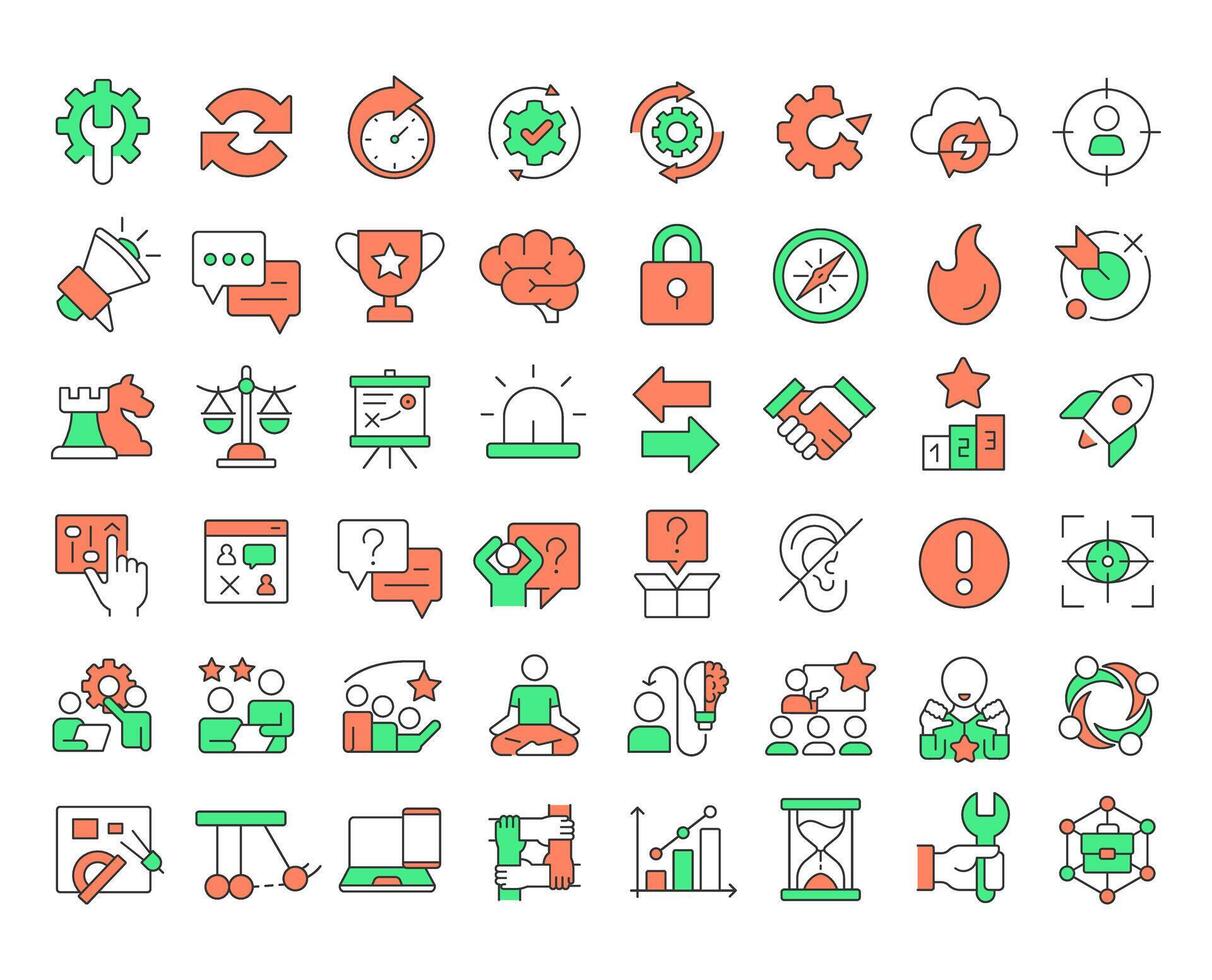 Change management line color icons set. Integrating new vision of organization. Business development. Solutions. illustrations. Simple flat colorful symbols collection. Editable stroke vector