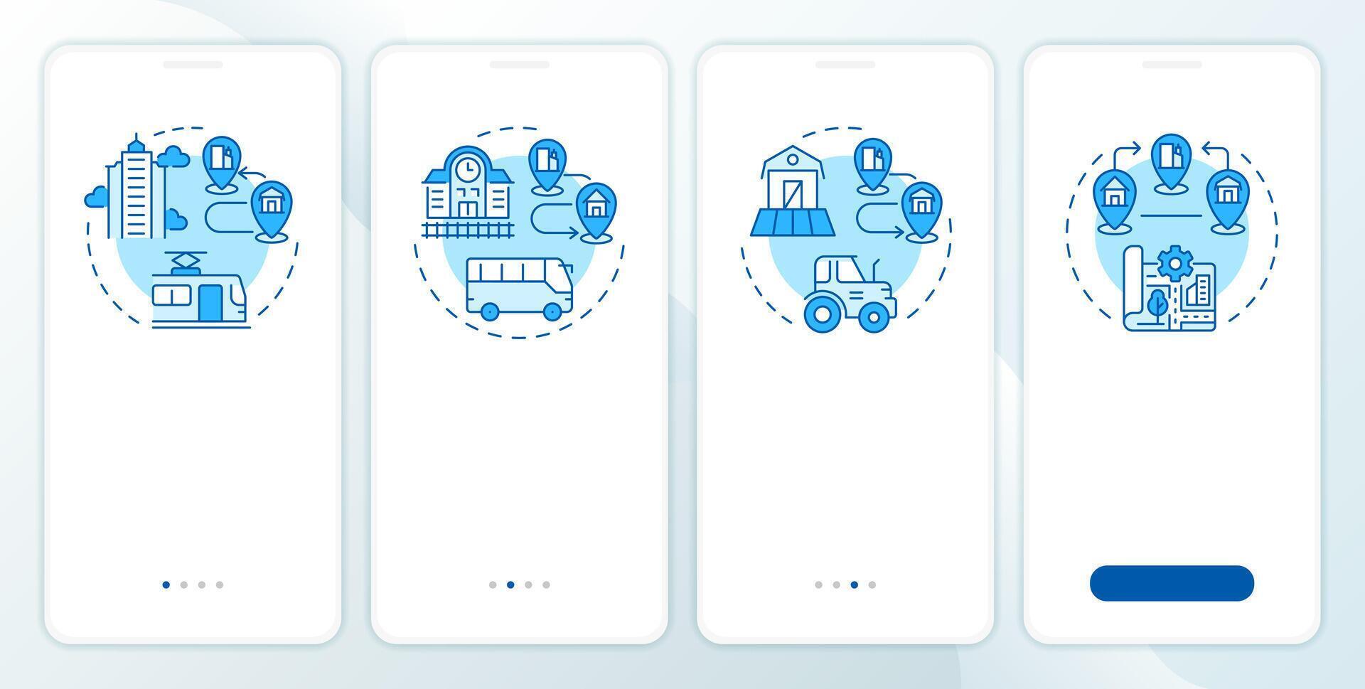 Types of urbanization blue onboarding mobile app screen. Smart city. Walkthrough 4 steps editable graphic instructions with linear concepts. UI, UX, GUI vector