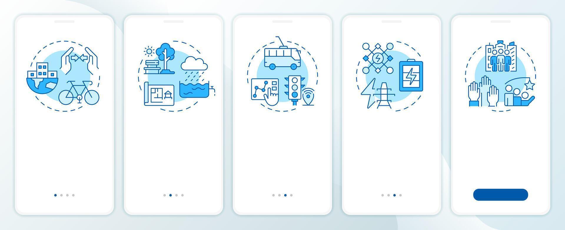sostenible urbano desarrollo azul inducción móvil aplicación pantalla. recorrido 5 5 pasos editable gráfico instrucciones con lineal conceptos. ui, ux, gui vector