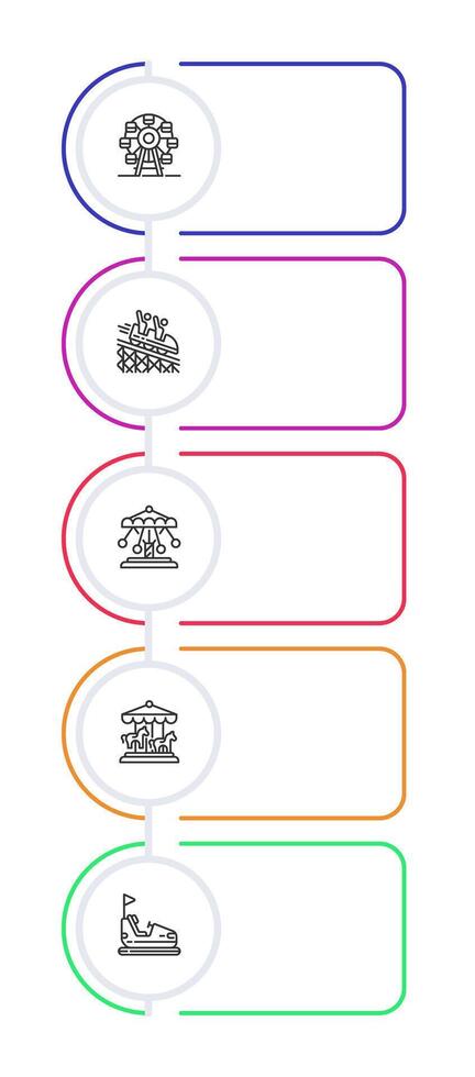 Theme park infographic vertical rounded rectangles. Various attractions for guests. Amusement industry. Editable thin line icons diagram process with 5 steps vector