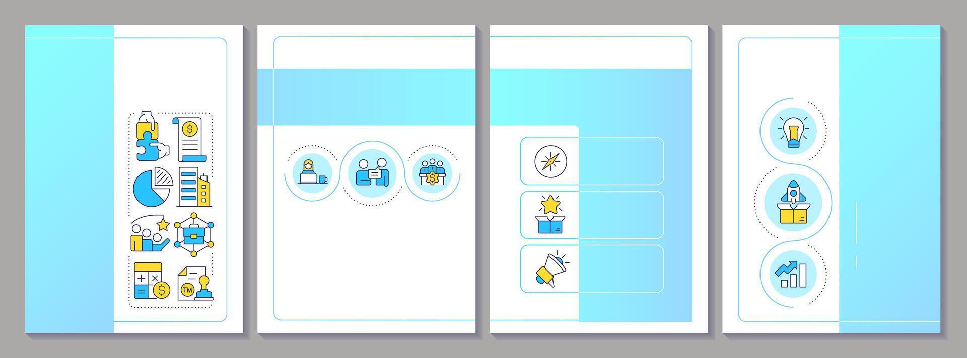 Startup playbook blue brochure layout. Business structures, plan and growth stages. Leaflet advertising design with color line icons. Editable 4 pages vector