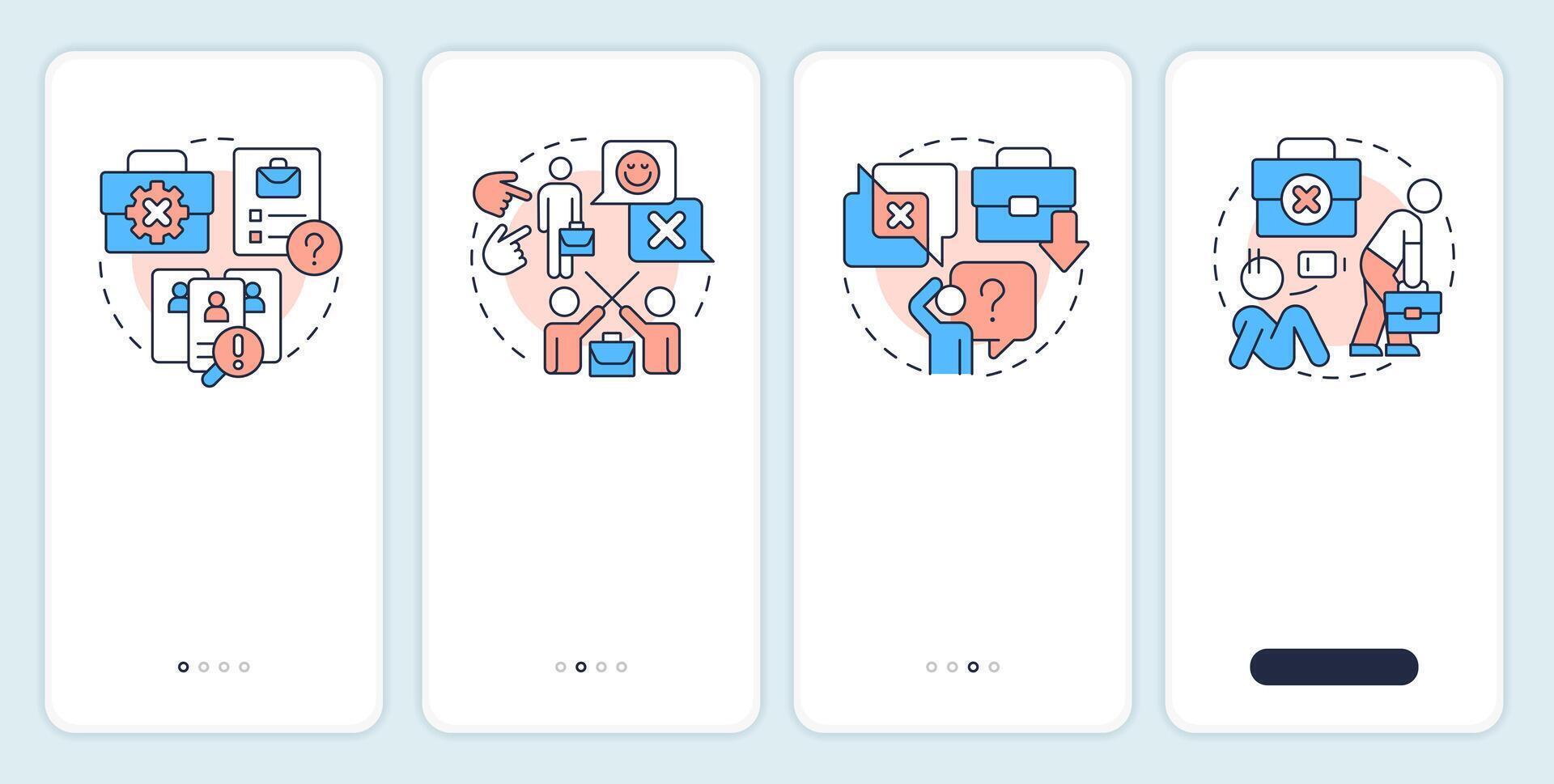 Causes of involuntary employee turnover onboarding mobile app screen. Walkthrough 4 steps editable graphic instructions with linear concepts. UI, UX, GUI vector
