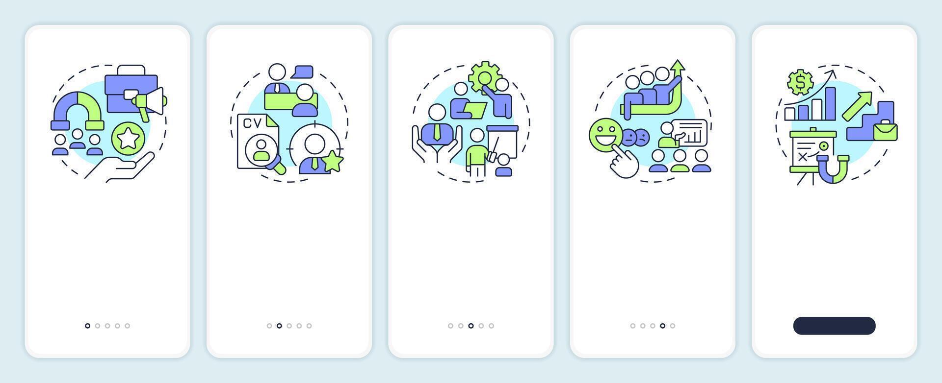 Employee lifecycle onboarding mobile app screen. Corporate career. Walkthrough 5 steps editable graphic instructions with linear concepts. UI, UX, GUI vector