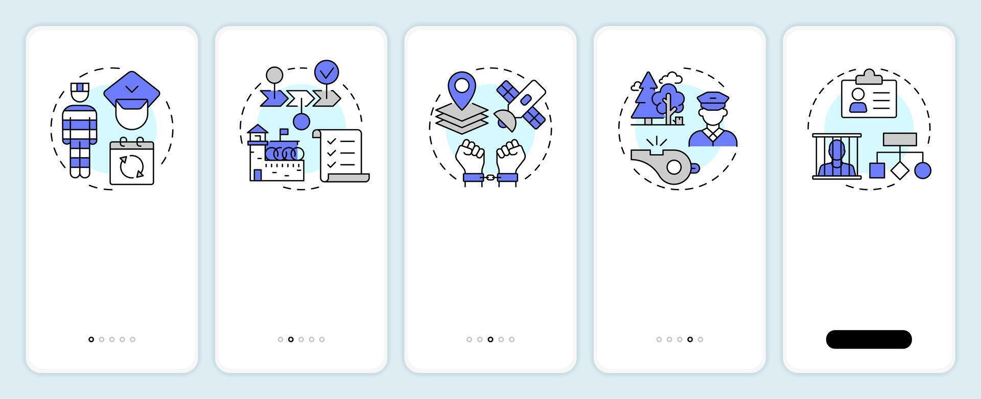 Correctional management systems onboarding mobile app screen. Walkthrough 5 steps editable graphic instructions with linear concepts. UI, UX, GUI vector