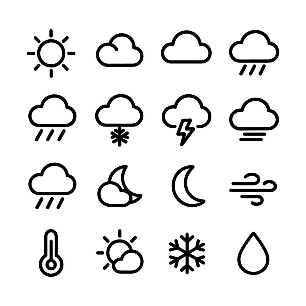 Simple Outline Weather Condition and Forecast Various Type Sign Icon Set vector