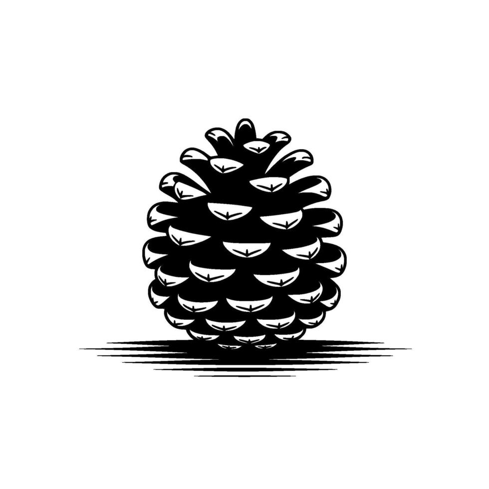 A bold illustration of a single pine cone rendered in high contrast with stylized shading and clean lines isolated vector