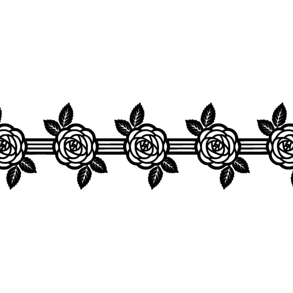 A seamless repeating horizontal pattern of stylized rose outlines with accompanying leaves centered vector