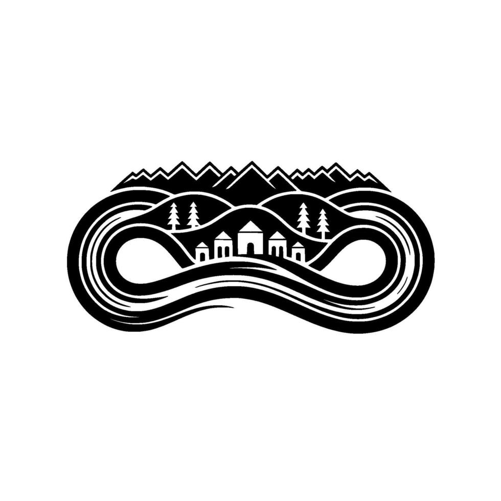 Minimalist illustration of a serene mountain village nestled within an endless infinity loop of stylized water waves and abstract rolling hills vector