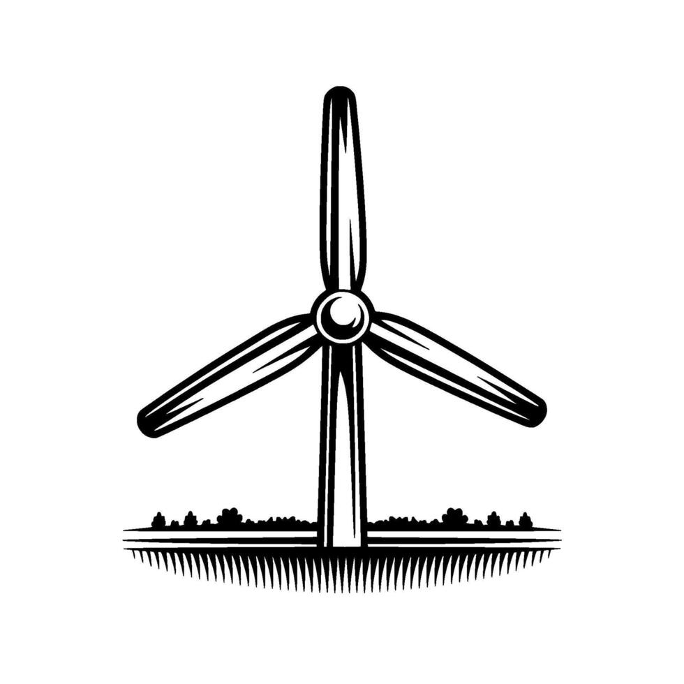 A bold silhouette of a three bladed wind turbine standing tall above a stylized landscape of trees and sharp grass vector