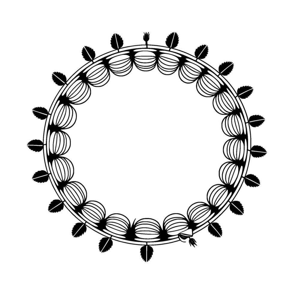 A delicate outline circular floral ornament featuring a repeating pattern of stylized bulbs with intersecting lines and interspersed with small pointed leaves and buds vector