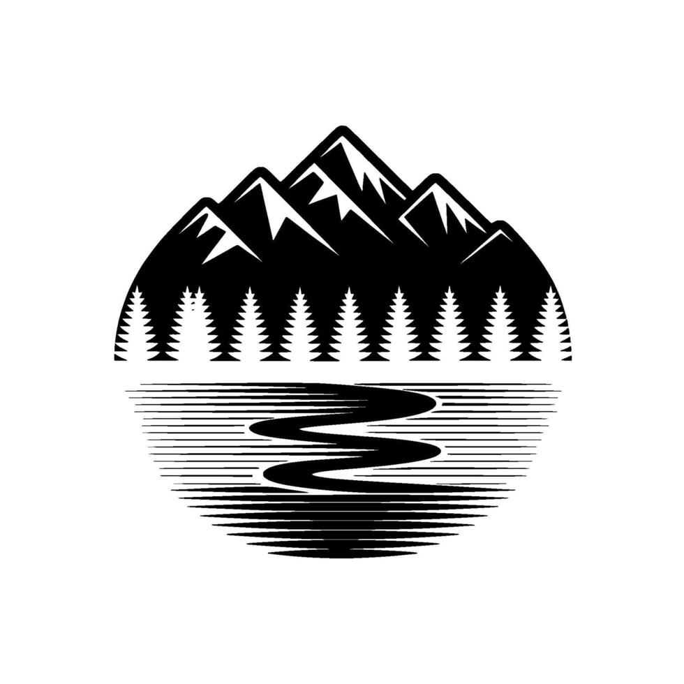 A stylized illustration of a circular landscape featuring jagged mountain peaks above a row of evergreen trees reflected in a winding river with horizontal line detail vector