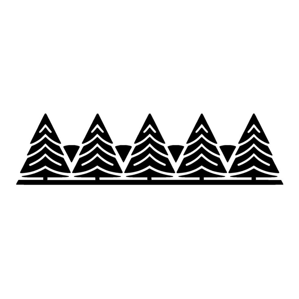 Stylized silhouette of a repeating pattern of abstract evergreen trees with horizontal line accents forming a continuous decorative border vector