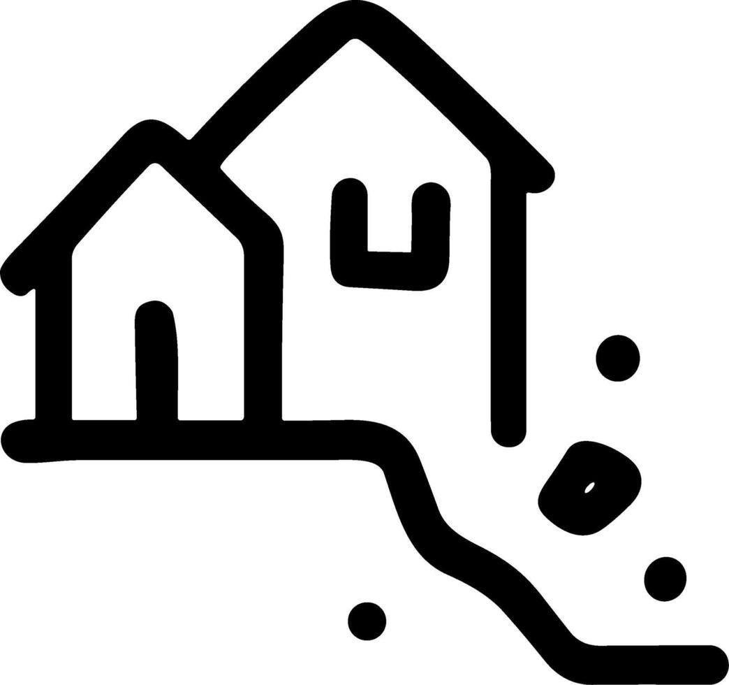 Landslide disaster icon with houses on a collapsing cliff edge. vector