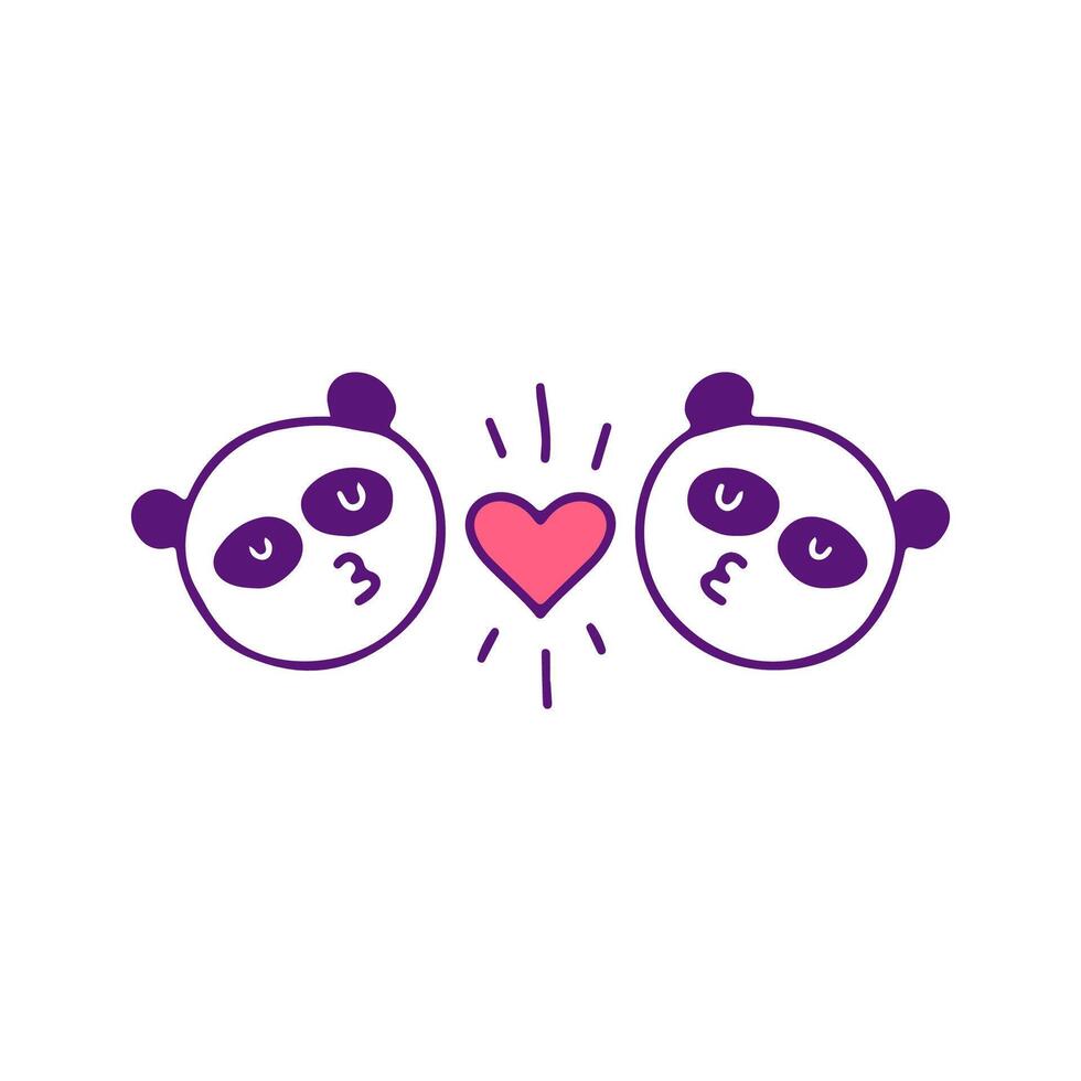 Whimsical illustration of two adorable cartoon pandas sharing a sweet and affectionate moment with a heart, symbolizing love and connection vector