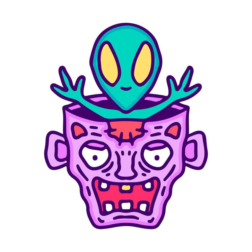 Bizarre alien creature emerging from a cartoon zombie head, symbolizing hidden thoughts or an unexpected inner self. A quirky and humorous pop art illustration vector