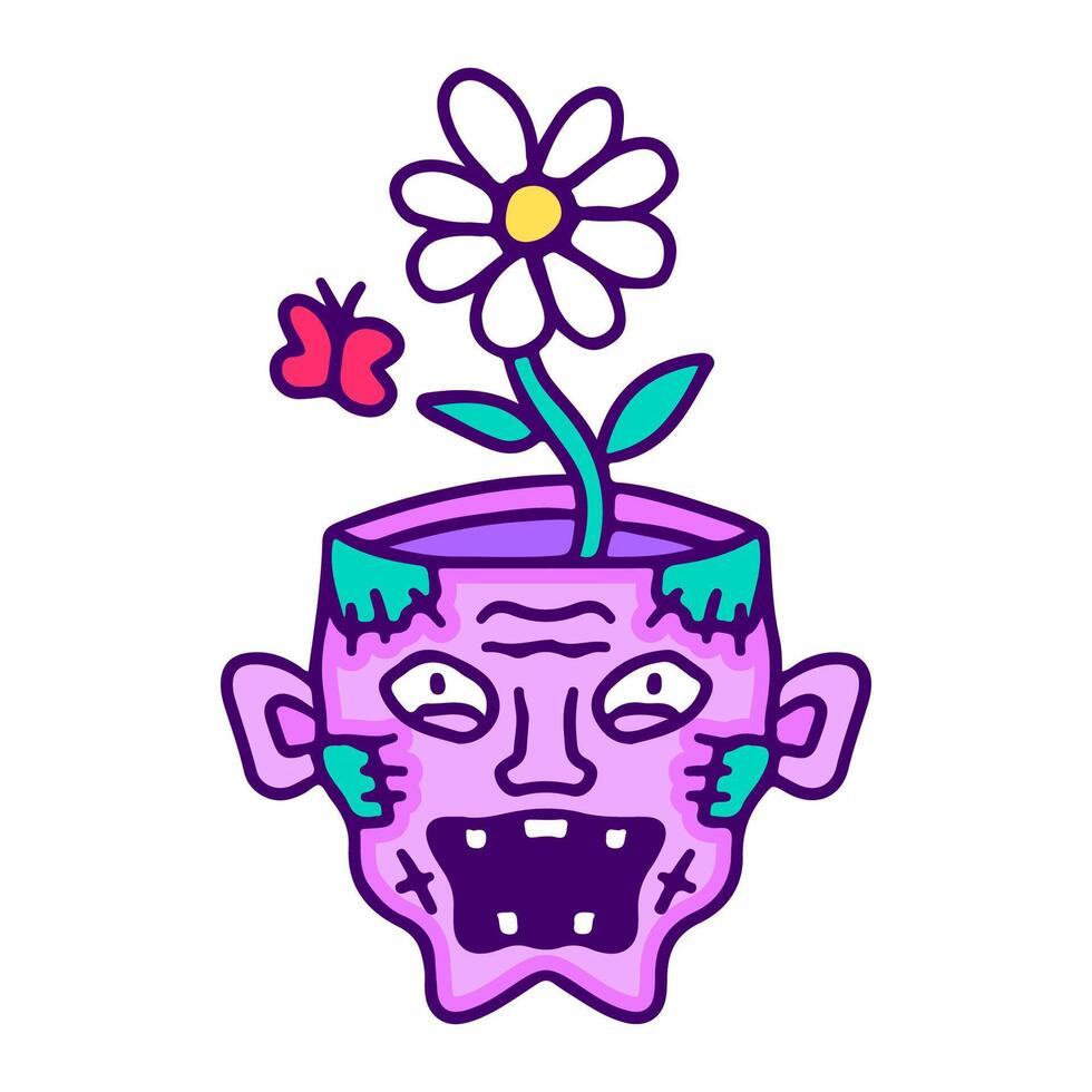 Abstract and creative doodle of a zombie head planter with a blooming flower, representing the cycle of life and death in a surreal style vector