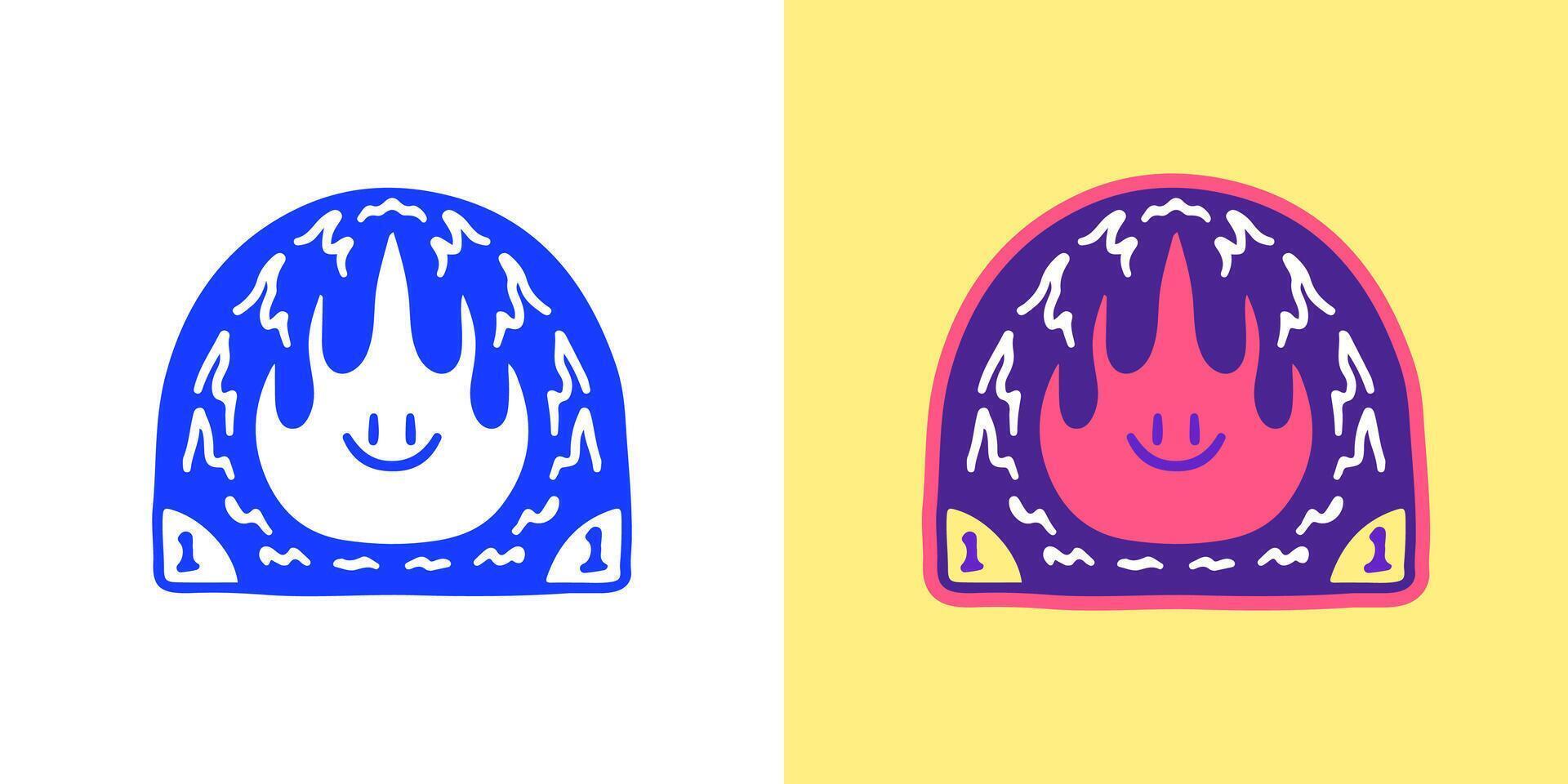 Fun and expressive smiley face with flame-like elements and a shield, presented in two vibrant color schemes vector