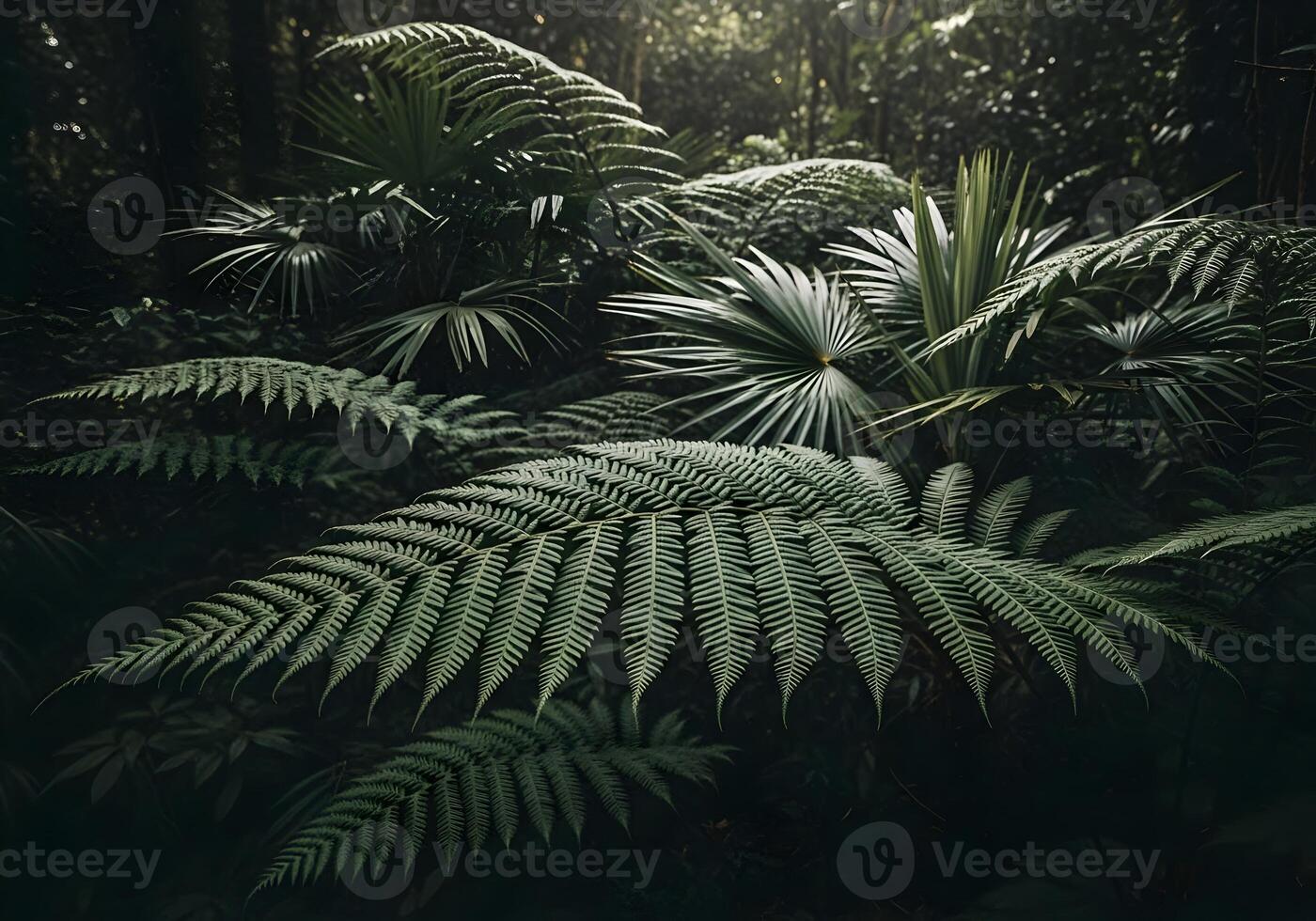 Lush Ferns and Tropical Foliage in Dark Moody Jungle Setting with Soft Light Filtering Through Canopy Creating a Serene and Mysterious Ambiance for Nature Photography and Botanical Illustration photo