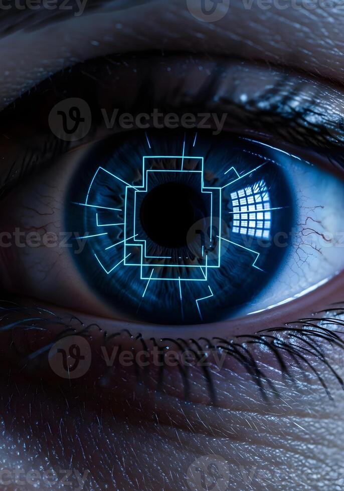Human Eye with Futuristic Technology Overlay Depicting Artificial Intelligence and Advanced Biometric Scanning for Security and Future Concepts photo