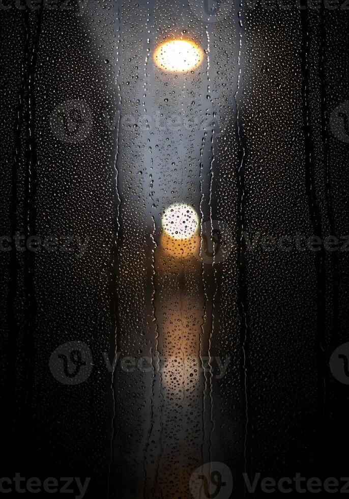 Rainy Night Reflections Capturing the Urban Glow Through a Window of Water Droplets creating abstract patterns and a melancholic atmospheric mood with bokeh lights photo