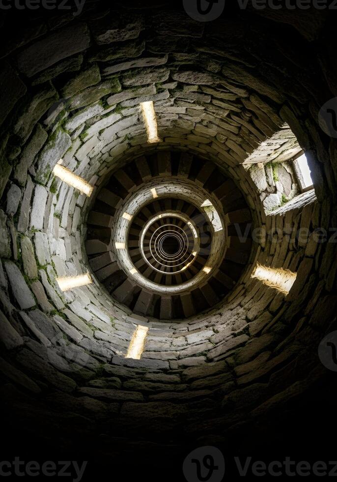 Descending into Architectural Mystery A Spiral Staircase of Stone and Light Beckons with Ancient Charm Creating a Captivating and Timeless Visual Journey photo