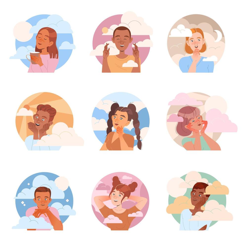 Dreaming People Characters with Their Heads in Clouds Having Fancy Imagination Set vector