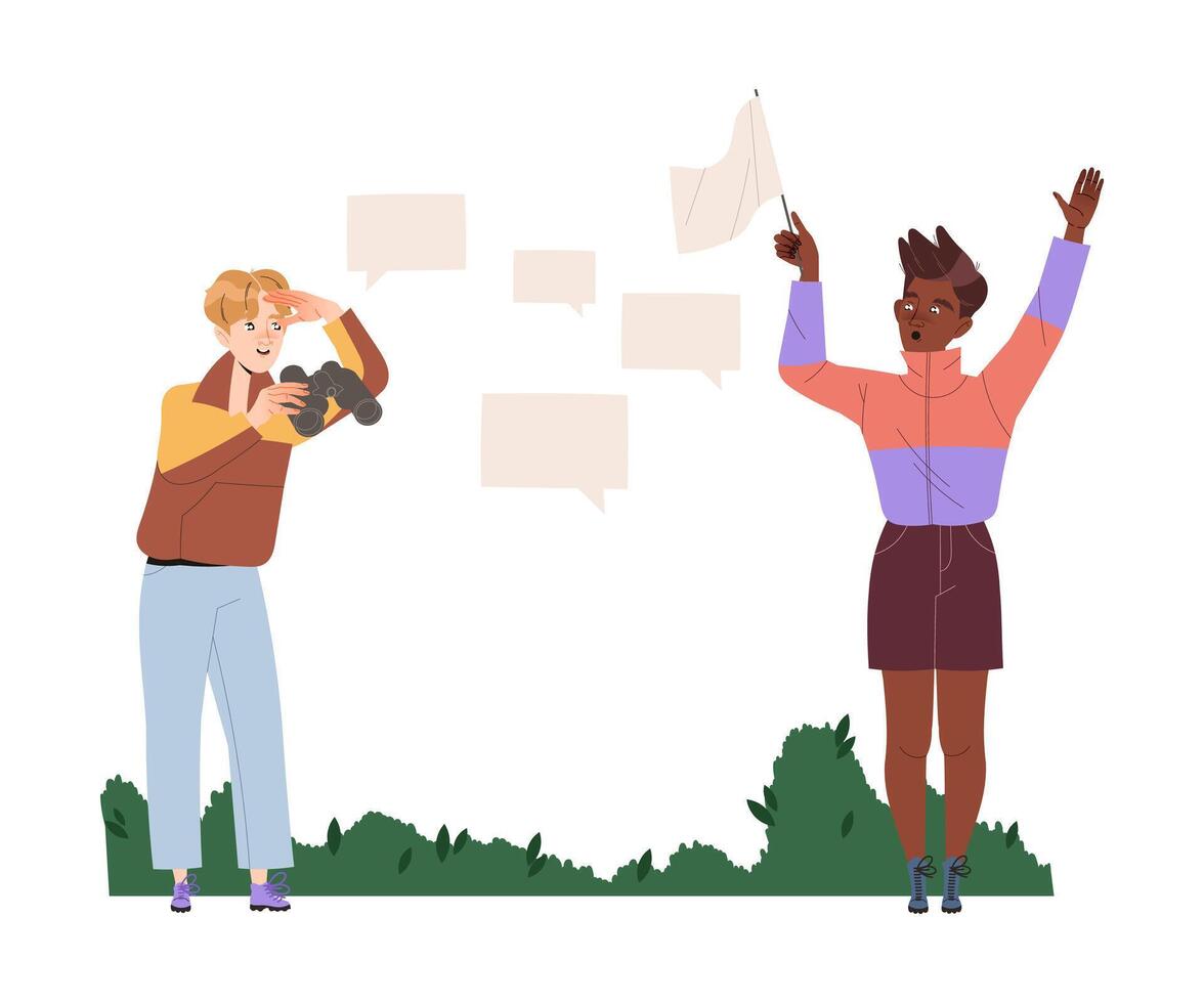 Man Characters Looking in Binoculars and Waving White Flag Having Connections with Each Other Engaged in Social Interaction Illustration vector