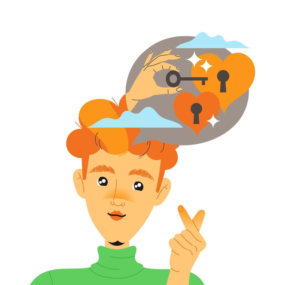 Redhead Man Character with Type of Thinking with Lock and Key as Mindset Model in His Head Illustration vector