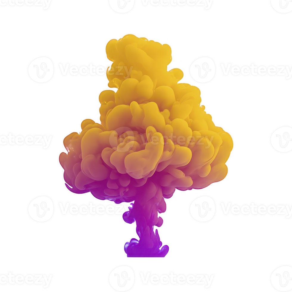 Yellow and purple ink cloud forms vibrant abstract shape resembling tree, isolated on transparent background, with soft, billowing texture and dynamic movement, evoking creativity and energy png