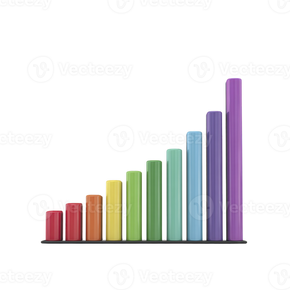 Colorful bar chart with cylindrical columns rainbow gradient, isolated transparency background, representing data growth, business analytics, and financial statistics modern, vibrant style png