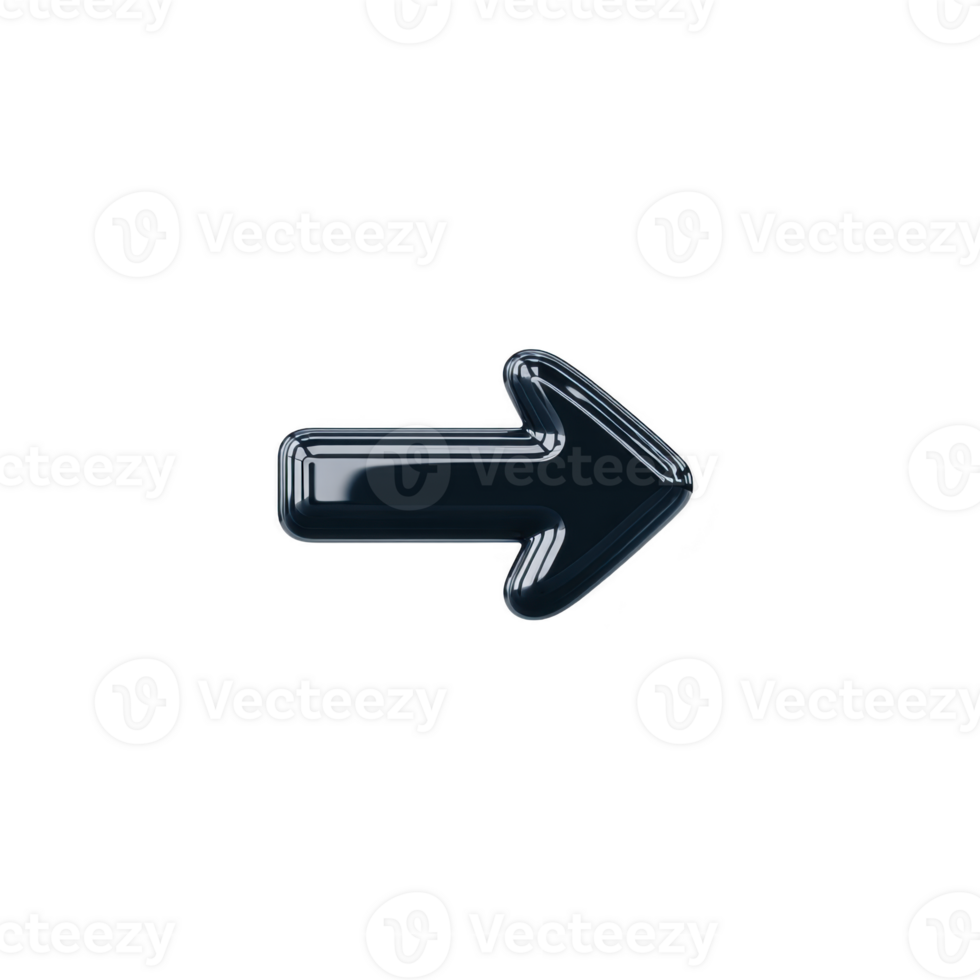 glänzend schwarz richtig Pfeil Symbol mit reflektierend Oberfläche, isoliert auf transparent Hintergrund, modern Stil, geeignet zum Netz Schnittstelle, Navigation, oder Digital Design Projekte png