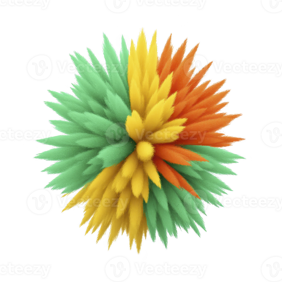 Abstract spiky sphere with green, yellow, and orange soft textured spikes radiating outward, creating vibrant, dynamic, and energetic visual effect on transparency background png