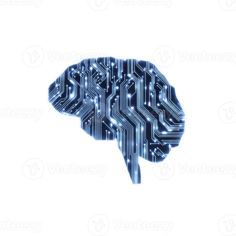 Digital brain circuit illustration, glowing blue lines form human brain shape on transparency background, symbolizing artificial intelligence, technology, and futuristic innovation png