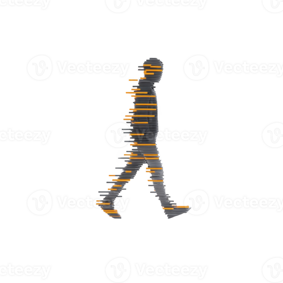 Silhouette of walking man with digital glitch effect, orange and gray lines create modern, abstract, and futuristic style, isolated on transparent background png