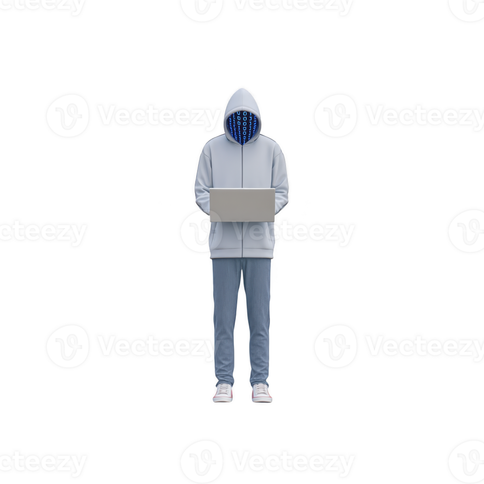 Hooded figure wearing mask with binary code, standing and using laptop, isolated on transparency background, representing cyber security, hacking, and digital anonymity concepts png