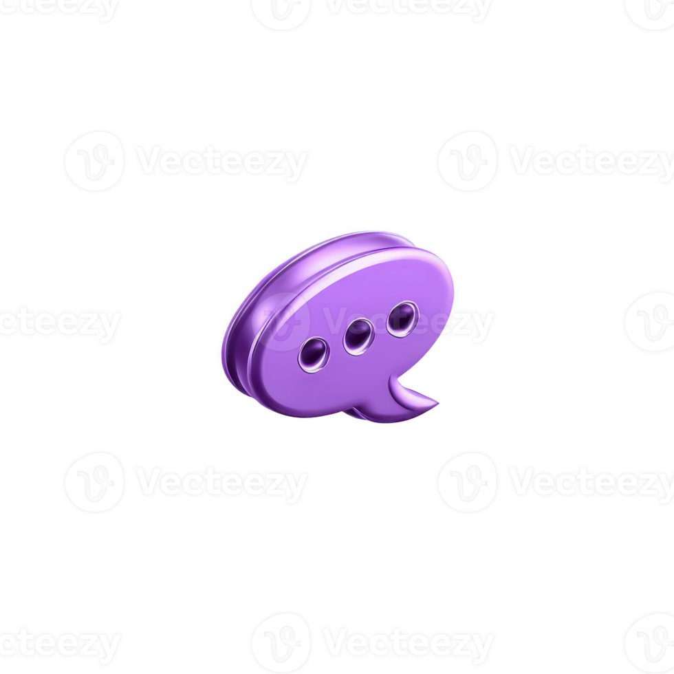 3D purple chat bubble icon with three dots, symbolizing online messaging, communication, and digital conversation, isolated on transparent background, modern and playful style png