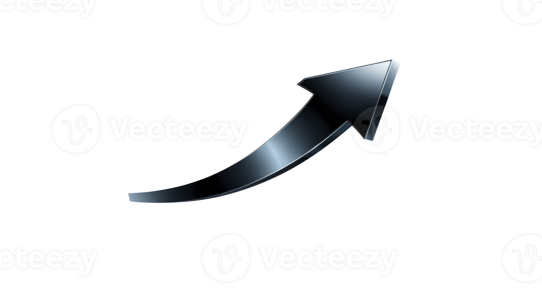 Curved black arrow glossy metallic style points upward right symbolizing growth progress success and positive direction isolated on transparent background modern and dynamic png