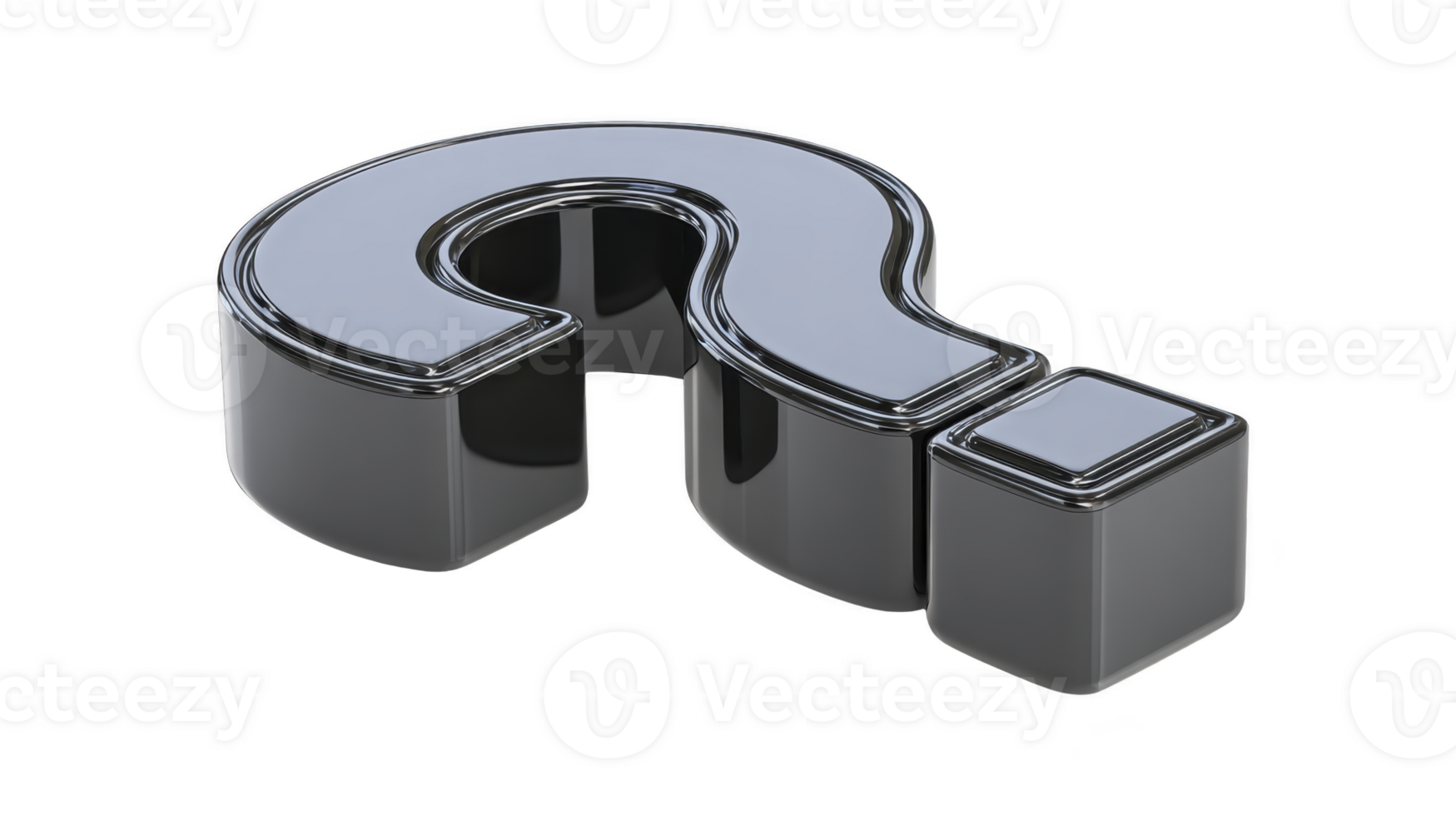 Glossy black question mark symbol with reflective surface, isolated on transparent background, modern and minimalistic style, suitable for digital design or web interface png