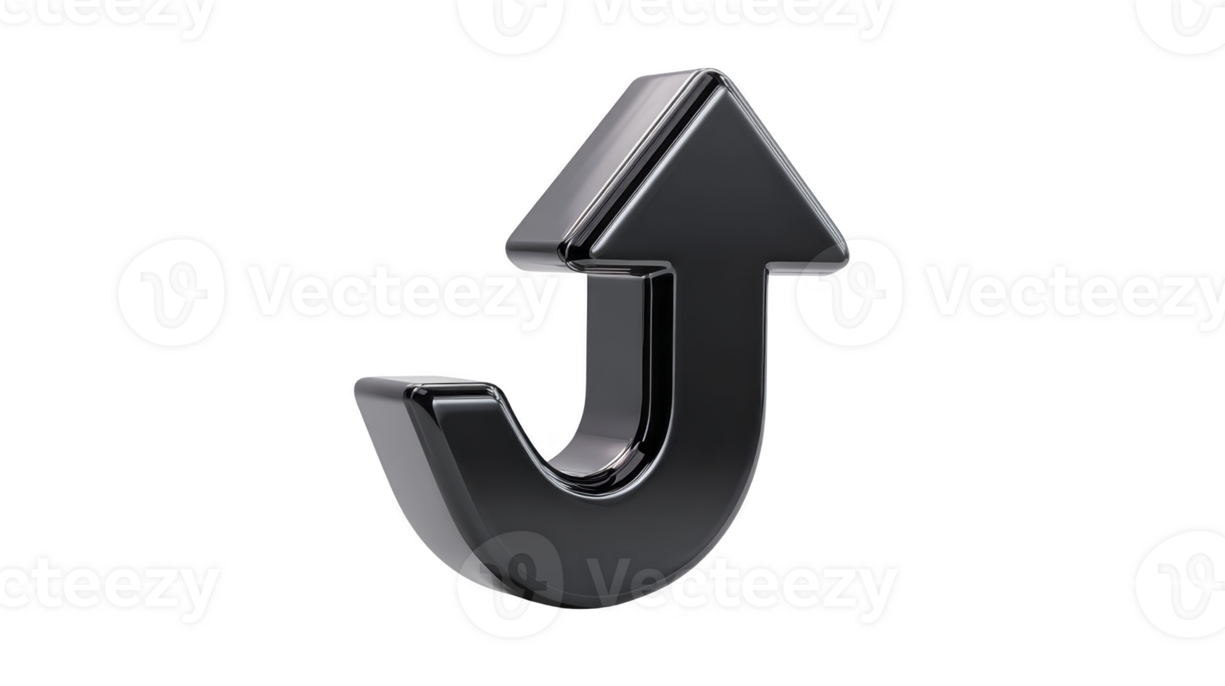 Curved black arrow pointing upward, glossy 3D style, isolated on transparency background, symbolizing direction, progress, or upload with modern and dynamic feel png